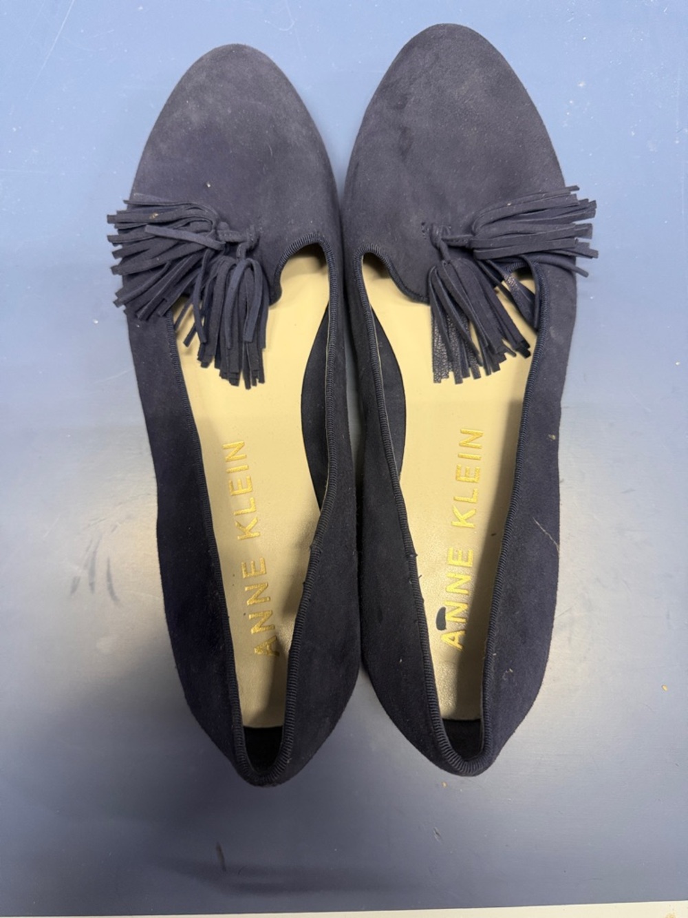 Anne Klein Navy Suede Tassel Slip-On Loafers